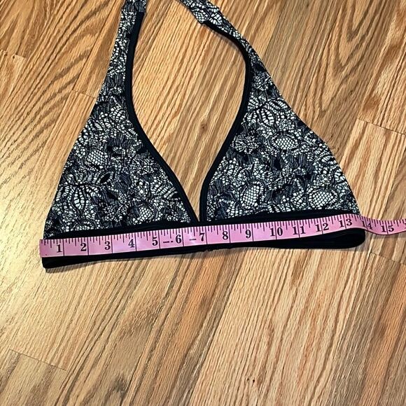 Spiegel Swim Bikini, black floral faux lace, halter top, scoop bottom, 10 - Picture 5 of 8